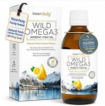 Inner Vitality Omega 3 Fish Oil Liquid - Natural Fresh Lemon Flavour with NO Fishy Taste, High Strength DHA/EPA - Made from Wild Caught Nordic Fish Oil | 3rd Party d for Purity - على Amazon.ae - متتبع الأسعار