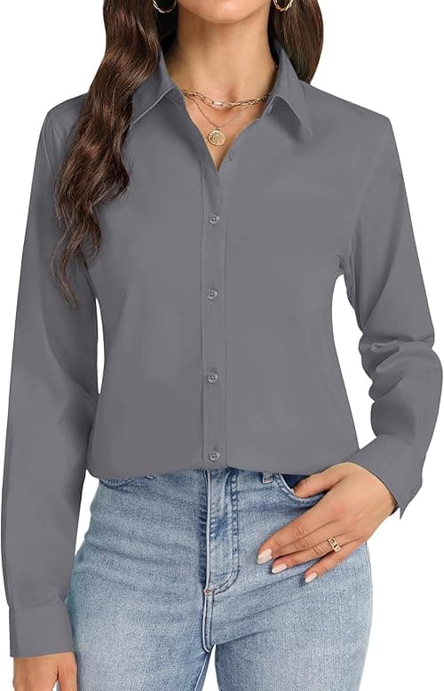J.VER Womens Button Down Shirt Long Sleeve Dress Shirts Wrinkle Free Stretch Solid Work Blouse on Amazon.ae - Price Tracker