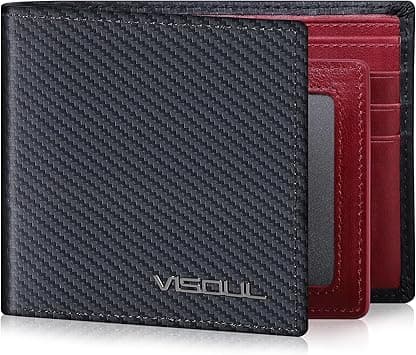 VISOUL Mens Leather RFID Blocking Bifold Wallets Extra Capacity, Billfold Security Wallet for men with 2 ID Windows 8 Card Slots 2 Cash Compartments (Carbon Fiber Black+Burgundy) on Amazon.ae - Price Tracker