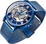 Men's Skeleton Watch Classic Roman Numeral Steampunk Mechanical Watch Hand-Wind Mens Watches (Blue) - Best Deal Finder