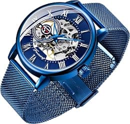 Men's Skeleton Watch Classic Roman Numeral Steampunk Mechanical Watch Hand-Wind Mens Watches (Blue) - Best Deal Finder
