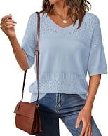 PRETTYGARDEN Women's Short Sleeve Sweater Tops 2026 Spring Summer Casual V Neck Ribbed Knit Trendy Eyelet Blouse T Shirts - Best Deal Finder