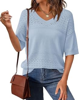 PRETTYGARDEN Women's Short Sleeve Sweater Tops 2026 Spring Summer Casual V Neck Ribbed Knit Trendy Eyelet Blouse T Shirts - Best Deal Finder