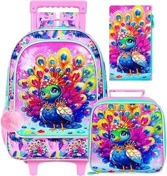 3Pcs Rolling Backpack for Girls, Peacock Roller Bookbag with Lunch Box, Kids School Backpacks with Wheels for Elementary Preschool(Pink) on Amazon.ae - Price Tracker