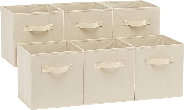Amazon Basics Collapsible Fabric Storage Cubes Organizer with Handles, 26.67 x 26.67 x 27.94 centimeters, Beige - Pack of 6 - متتبع أسعار Amazon.sa