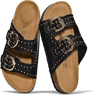 Project Cloud 100% Genuine Leather Sandals Women Footwear - Lightweight Womens Sandals with Memory Foam Insole & Natural Cork Footbed Beach Essentials Slides for Women (Venita Stud) على Amazon.ae - متتبع الأسعار