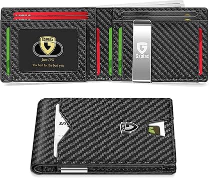 GSOIAX Mens Slim Wallet for Men Minimalist Genuine Leather Carbon Fiber Rfid Blocking Cowhide Bifold Credit Card Holder With Gift Box (Carbon-money clip) on Amazon.ae - Price Tracker