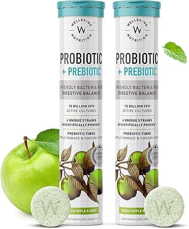 WELLBEING NUTRITION Daily Probiotic + Prebiotic| Plant Based |18 Billion CFU, 6 Strains for Men &amp; Women with Organic Prebiotic Fiber for Digestion, Gut Health, Metabolism | 42 Effervescent Tabs on Amazon.ae - Price Tracker
