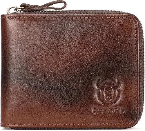 BULLCAPTAIN Mens Genuine Leather Zipper Wallet RFID Blocking Bifold Secure Zip Around Wallets Multi Credit Card Holder Purse (Handmade coffee) on Amazon.ae - Price Tracker