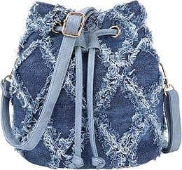 Women Denim Mini Bucket Shoulder Crossbody Bag Drawstring Quilted Distressed Tassel Barrel Shape Satchel Purse - Best Deal Finder