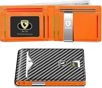 GSOIAX Mens Slim Wallet for Men Minimalist Genuine Leather Carbon Fiber Rfid Blocking Cowhide Bifold Credit Card Holder With Gift Box (Carbon and Orange -money clip) on Amazon.ae - Price Tracker