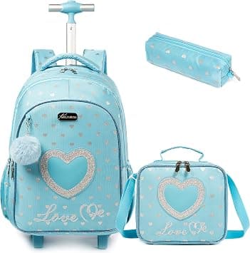 Kids Love Heart Rolling Backpack for Girls Suitcases Trolley Backpacks with Wheels Roller Luggage on Wheels with Lunch Box Pencil Case for Elementary Travel School Bag Blue, Blue23-3-6, على Amazon.ae - متتبع الأسعار