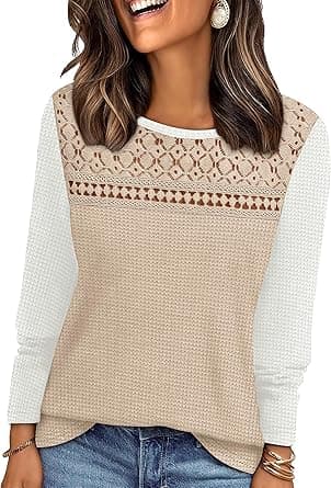 WIHOLL Womens Lace Long Sleeve Shirts Fall Tops Fashion Dressy Casual Lightweight Sweaters Mesh Clothes Trendy Waffle Knit on Amazon.ae - Price Tracker