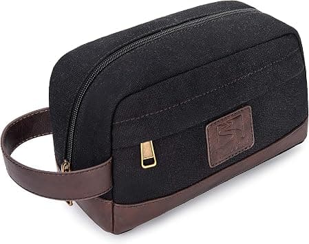 Travel Toiletry Bag for Men and Women, Canvas Toiletry Organizer Water-Resistant Vegan Leather, Hanging Dopp Kit Shaving Bag for Toiletries Accessories (Black, Medium) on Amazon - Best Deal Finder