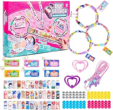 Kids' Sticky Rolls Bracelet Kit, DIY Sticker Jewelry Toy Wearable Shareable, 32 Sticker Rolls Reusable 256 Stickers, Sticky Roll Bracelet Necklace Gift Kit with 6 Charms, 2 Pendants, Many Beads - Best Deal Finder