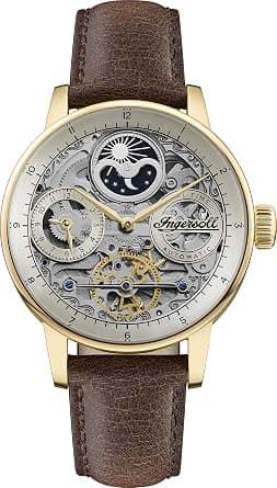 Ingersoll The Jazz Mens 42mmm Automatic Moonphase Watch with Skeleton Dial and Black/Brown Genuine Leather Strap على Amazon.ae - متتبع الأسعار