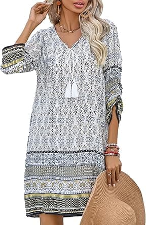 Summer Dresses for Women, Women Casual Beach Summer Dress, Boho Tassel Tie Neck 3/4 Long Sleeve Short Floral Print Flowy Cover Up Sundresses, XL Size on Amazon.ae - Price Tracker