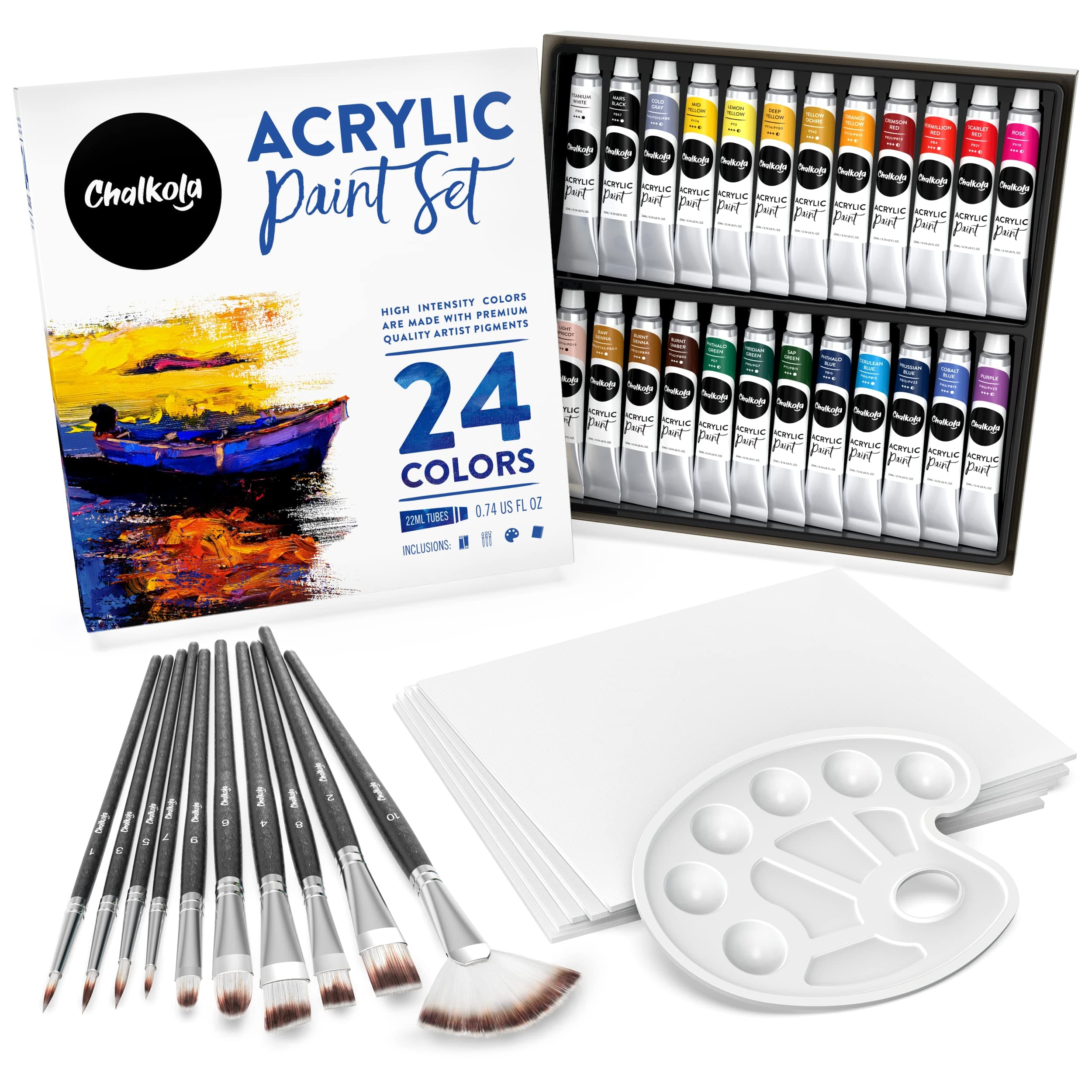 Chalkola 40 Acrylic Paint Set for Adults & Kids with 24 Acrylic Paints (22ml), 10 Painting Brushes, 5 Canvas for Acrylic Painting (8x10) & 1 Palette on Amazon.ae - Price Tracker