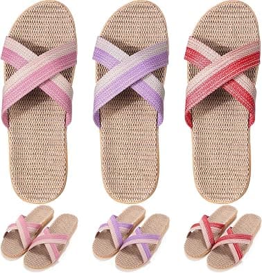 3 Pairs Linen House Slippers, Breathable Summer Indoor Slippers for Women, Washable Open-Toe Flax Shoes, Non-Slip Comfort for Home, Hotel, Travel, Bedroom & Airplane (Size 7.5-8.5) on Amazon.ae - Price Tracker