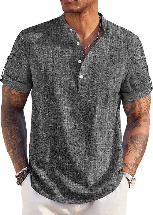 COOFANDY Men's Casual Henley Shirt Short Sleeve Band Collar Linen Shirt Summer Beach Hippie T-Shirts on Amazon.ae - Price Tracker