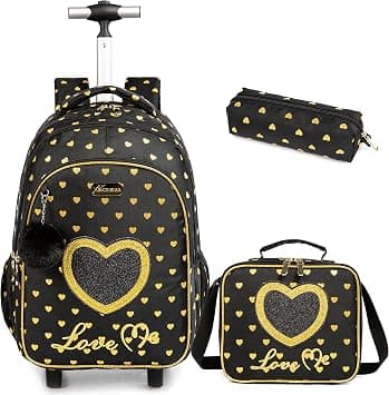 Kids Love Heart Rolling Backpack for Girls Suitcases Trolley Backpacks with Wheels Roller Luggage on Wheels with Lunch Box Pencil Case for Elementary Travel School Bag Black, Black23-3-6, على Amazon.ae - متتبع الأسعار