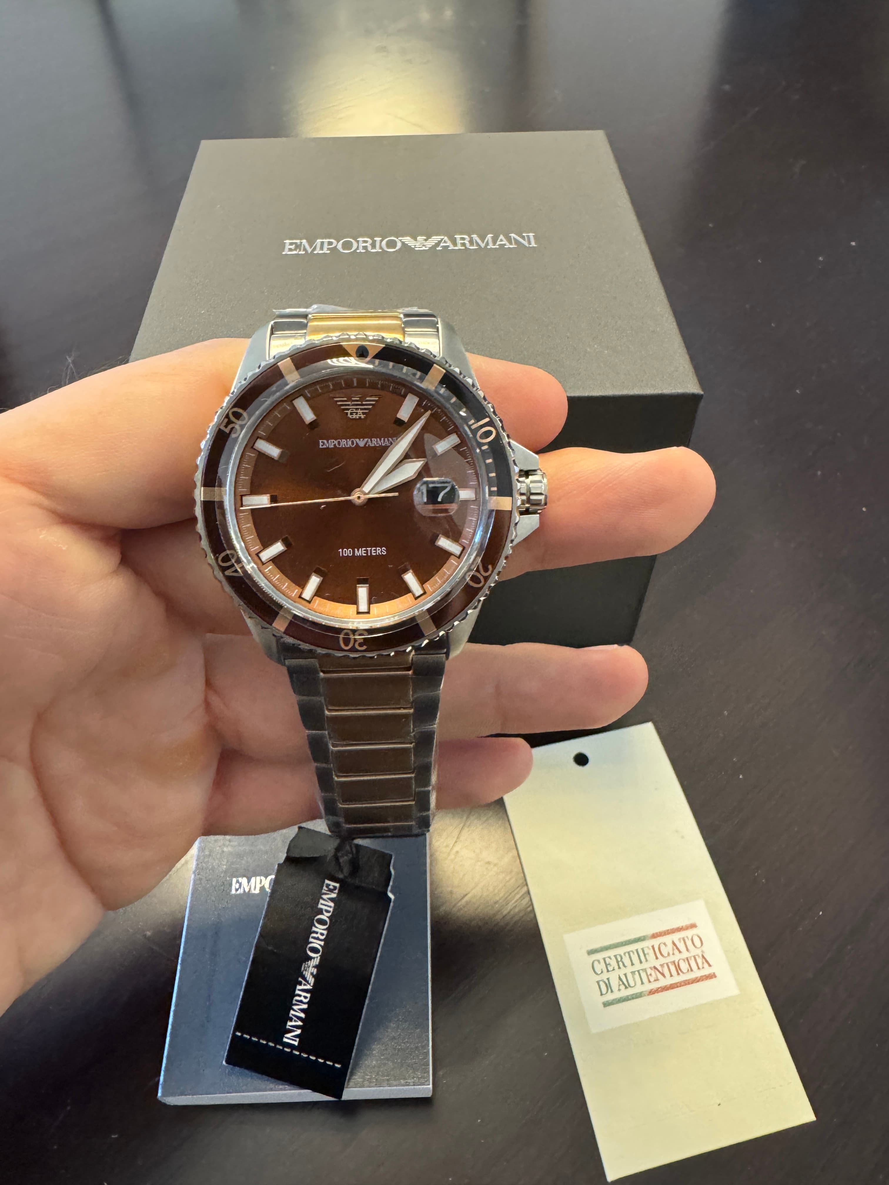Emporio Armani AR11340 men's watch full view with brown dial, gift box and authenticity certificate
