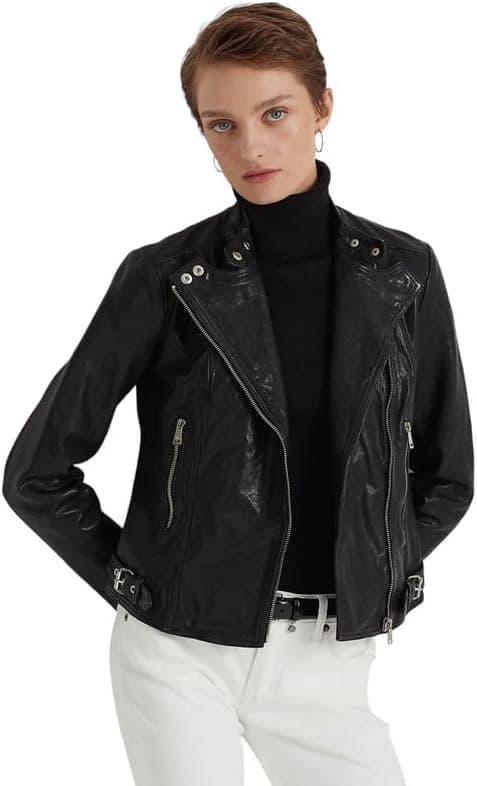Lauren Ralph Lauren Women's Tumbled-Leather Jacket (Polo Black, 6), Polo Black, 38 on Amazon.ae - Price Tracker