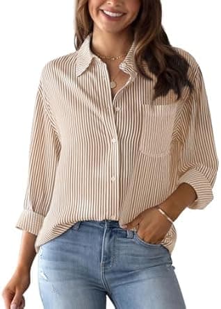 SHEKINI Blouse Women's Elegant Long Sleeve Shirts with Buttons Casual Office Women's Blouse Shirt Blouse Striped Work Blouses Striped Blouse Striped Blouse on Amazon.ae - Price Tracker
