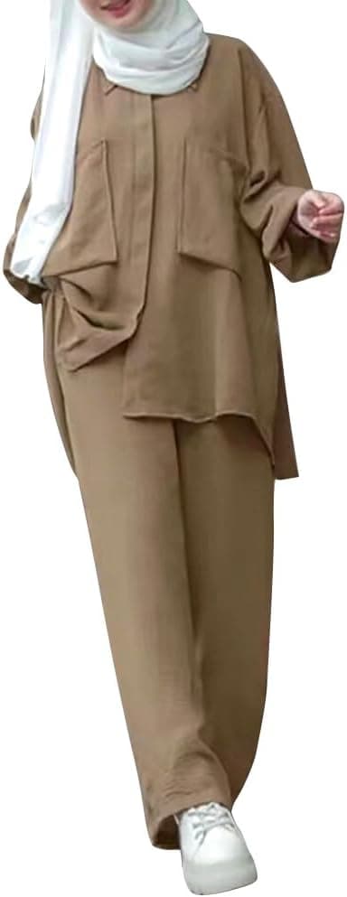 ODIZLI Muslim Long Sleeve Blouse Wide Leg Pants Suits Autumn Solid Abaya Women Matching Sets 2PCS Tracksuits Turkey Kaftan on Amazon.sa - Price Tracker