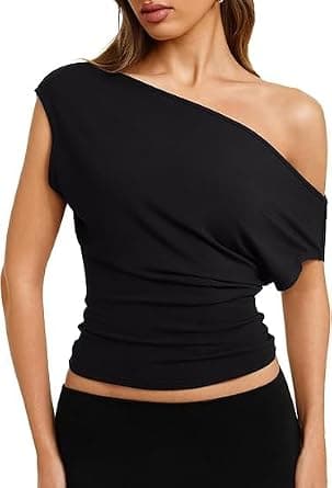 Women's Cinched Waist Off The Shoulder Tops Asymmetrical Tops Dolman Sleeve Banded Bottom Tee Shirts Casual Loose Summer Outfits 2026, Black/M on Amazon.ae - Price Tracker