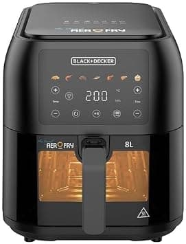 BLACK+DECKER Slim Air Fryer with Window, 8L, 1700W Power, Digital Touch Control, Spacious Rectangular Basket, 7 Preset Functions, Rapid Air Convection, Smokeless Cooking, Black - SAF80W-B5 - متتبع أسعار Amazon.sa