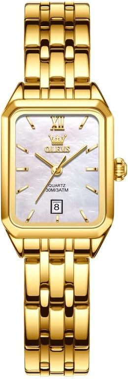 OLEVS Gold Women's Watch, Rectangular Stainless Steel Analogue Quartz Women's Watch, Classic Luxury Dress Diamond with Date Wrist Watch Ladies on Amazon.ae - Price Tracker