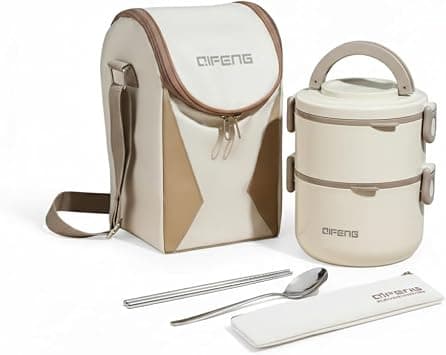Premium Insulated Lunch Box with Two Compartments, Leak Proof & Microwave Safe Food Container to Keep Food Hot, Tiffin Box with 1.6L Capacity, with Bag & Cutlery Set for School,Office & Travel – Beige على Amazon.ae - متتبع الأسعار
