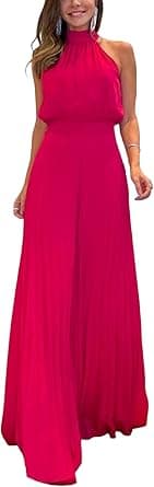 Vrtige Women's Halter Neck Pleated Tie Back Sleeveless Wide Leg Long Pants Jumpsuit on Amazon.ae - Price Tracker