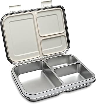 Leakproof Lunch Box - Stainless Steel Lunch Box with 3 Compartments, Leakproof Design, Meal Box for Kids and Adults, Ideal for Work, School and Travel (Silver) على Amazon.ae - متتبع الأسعار