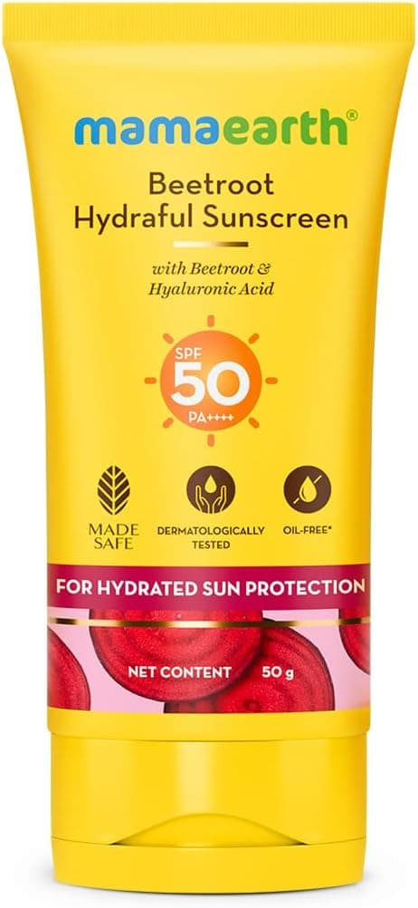 Mamaearth Beetroot Hydraful Sunscreen with Beetroot Extract, Hyaluronic Acid & Aloe Vera SPF 50 & PA++++ Sunscreen for Face, Hydrating, Lightweight Texture & Broad Spectrum UV Protection Sun Care, 50g on Amazon - Best Deal Finder