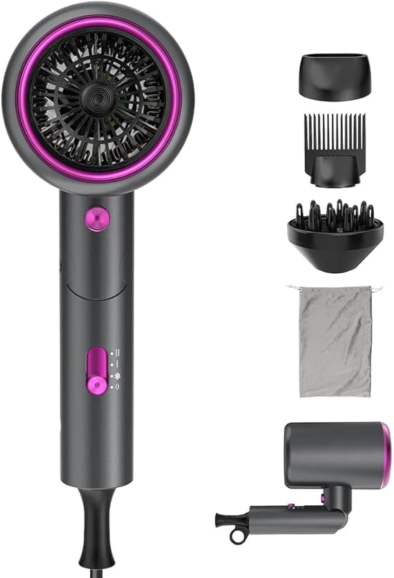 Oxsaytee 2400W Foldable Mini Travel Hair Dryer, Hair Blow Dryer with Diffuser, Ionic Hair Dryer With Storage Bag & Bracket, Bow Dryer for Curly Hair Fast Drying For Home Salon Travel (Gray) on Amazon.ae - Price Tracker