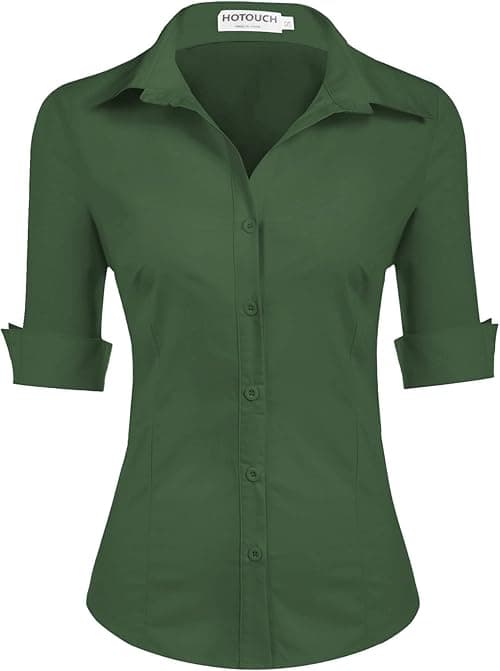 HOTOUCH Womens Blouse Cotton Shirt 3/4 Sleeve Formal Work Ladies Office Shirt Basic Fitted Shirts Button Placket Tops Short Sleeve V-Neck Top XS-XXL on Amazon.ae - Price Tracker