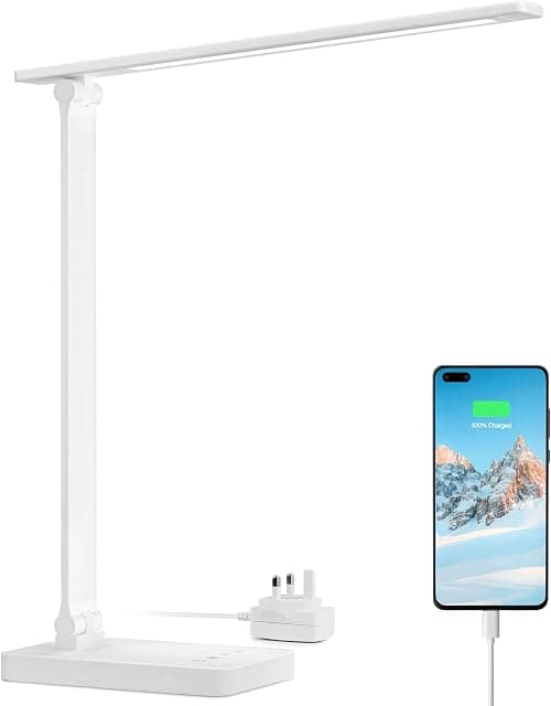 Lepro LED Desk Lamp with USB Charging Port, Dimmable Daylight Lamp, 5 Brightness Levels x 3 Colour Modes, Touch Control Eye Caring Table Lamp for Office, Bedside, Reading, Crafts, Nails and More on Amazon - Best Deal Finder