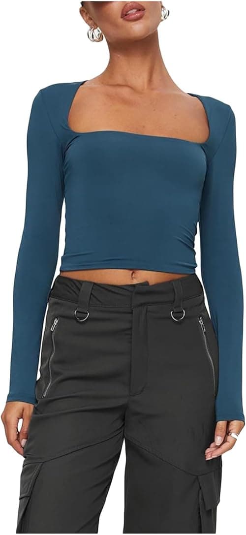 Tops Women's Slim Fit Long Sleeve Crop Top - Square Neck Solid Color T-Shirt - Fashionable Dressy Blouse for Summer & Fall 2024 on Amazon.ae - Price Tracker