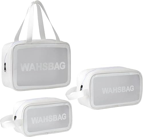 3Pcs Cosmetic Bag Vinyl Air Travel Toiletry Bags Bulk, Water Resistant PVC Packing Cubes with Zipper Closure & Carry Handle for Women Baby Men, Make-up brush Case Beach Pool Spa Gym Bag (White) on Amazon - Best Deal Finder