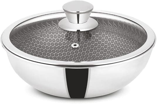 Orange Triply Honeycomb Stainless Steel Tasra Kadai with Glass Lid (3.0Ltr, 24cm) | Heavy Bottom, Scratch Resist Non-Stick Tasra/Tasla | Induction Friendly | 5 Year Warranty on Amazon.ae - Price Tracker