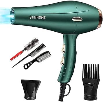 SUNHOME Hair Blow Dryer,Powerful 2000 Watt with AC Motor,Quick Drying Salon Hairdryers with Diffuser Fast Drying Blow Dryer Lightweight Best Soft Touch (Green) - متتبع أسعار Amazon.sa