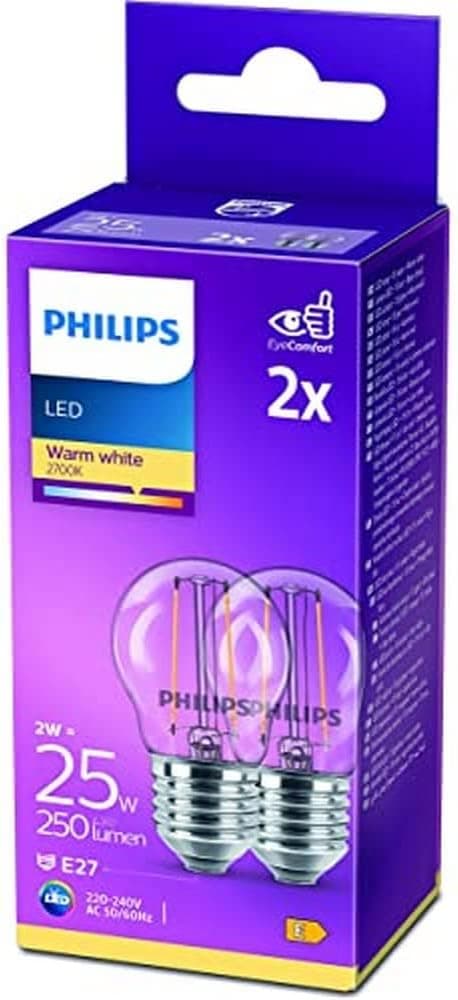 مصباح اضاءة LED كلاسيكي 25 واط من فيليبس، E27، عبوة من قطعتين، ابيض دافئ (2700 كلفن)، 250 لومن، شفاف على Amazon.sa - متتبع الأسعار