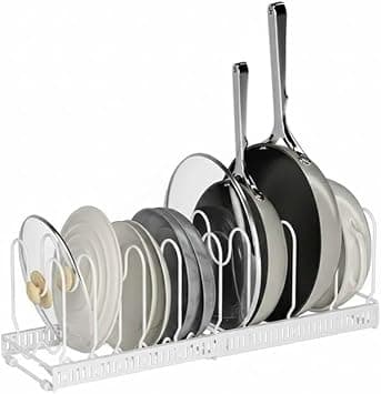 Adjustable Pot and Lid Storage Rack with 10 Dividers, Expandable Base, U-Shaped Slot, Countertop and Cabinet Organiser for Pots, Pans, Bakeware, White على Amazon.ae - متتبع الأسعار