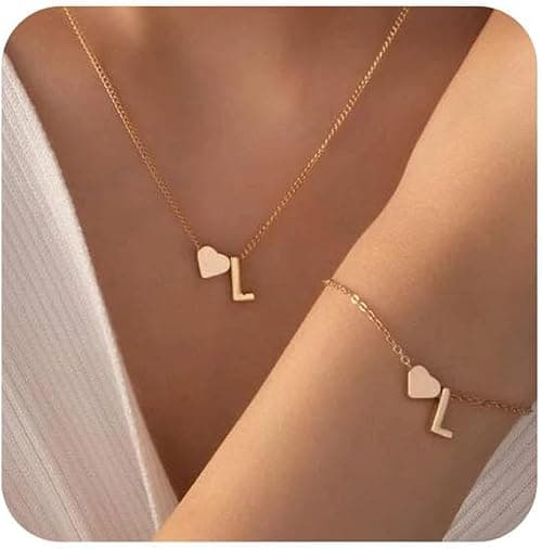 Personalized Initial Necklace & Bracelet Set,Gold Initial Bracelet and Necklace,Customizable Heart Letter Monogram Jewelry,Dainty Gold&Hypoallergenic Accessories for Women,Letters A-Z on Amazon - Best Deal Finder