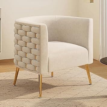 Modern Velvet Barrel Accent Chair, Comfy Wide Handmade Woven Bucket Arm Chair, Fluffy Tufted Upholstered Single Sofa Chair for Living Room, Bedroom, Office, Waiting Room(Beige) على Amazon.ae - متتبع الأسعار