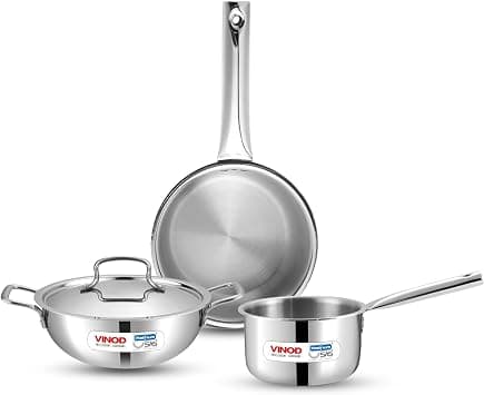 Vinod Platinum Triply Stainless Steel Cookware Set - 4 Pc, Kadai (24cm, 3.3l), Frypan (24cm, 2.2L) with Common Lid, Saucepan (16 cm, 1.6L) | Induction, Oven Friendly on Amazon.ae - Price Tracker