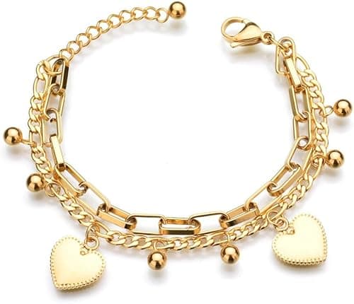 Tazweeq 18K Gold Stainless, Delicate Bracelet, Elegant and Versatile, Steel Multi Chains Bracelet, with Ball and Heart Charms for Women on Amazon.ae - Price Tracker