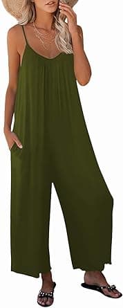 Womens Casual Sleeveless Strap Loose Adjustable Jumpsuits Stretchy Long Pants Romper with Pockets, 02 Army Green, S on Amazon.ae - Price Tracker